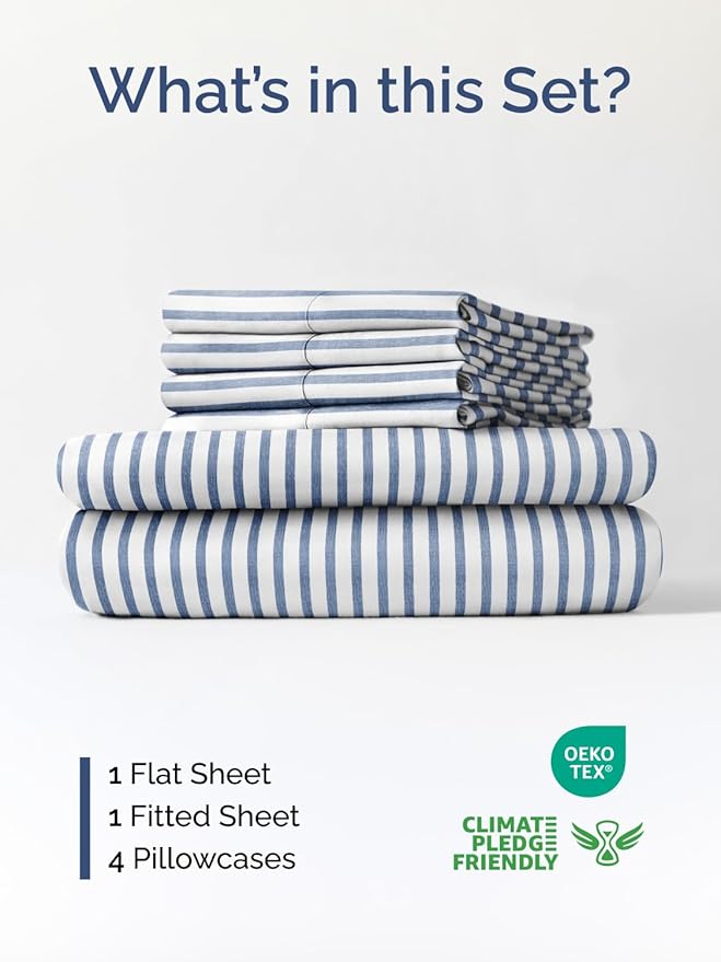 Extra Deep Queen Sheet Set - 6 Piece Breathable and Cooling Sheets - Hotel Luxury Bed Sheets Set - Easy Fit - Soft, Wrinkle Free and Comfy Sheets Set - Blue Striped Sheet Set with Extra Deep Pockets