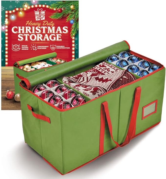 Holiday Cheer Premium Christmas Ornament Storage – Christmas Storage Container Perfect for Holiday Decorations and Ornament Storage Box – Fits 128 Holiday Ornaments – Tear-Proof Fabric