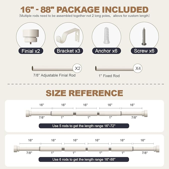 Modern White Curtain Rods for Windows 48 to 84 Inches Adjustable Length Heavy Duty 1" Diameter Window Curtain Rod with Decorative Finials for Outdoor Farmhouse Bedroom Kitchen Living Room