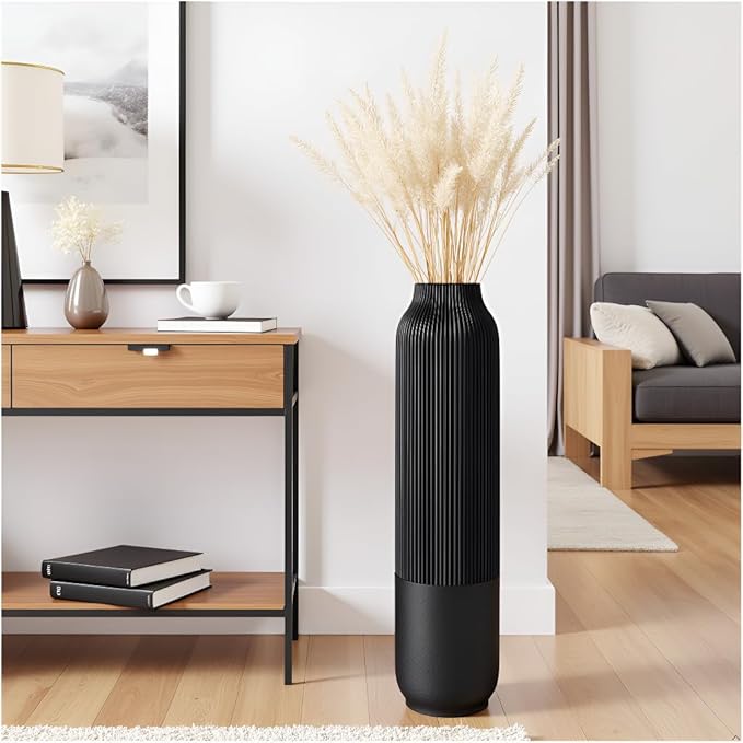 Tall Floor Vase, 23.6 inches (60cm) Tall Vases Sturdy, Luxury, Textured for Decorative Branches Dried Flowers, Floor Vase for Rustic, Living Room, Shelf Decor, Resin Black