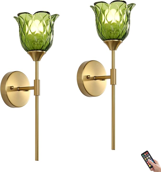 2 Pack Vintage Battery Operated Wall Sconce with Green Glass Lampshade, Wireless Rechargeable Battery Powered RGB Wall Light with Remote Control, for Bedside Bedroom Doorway