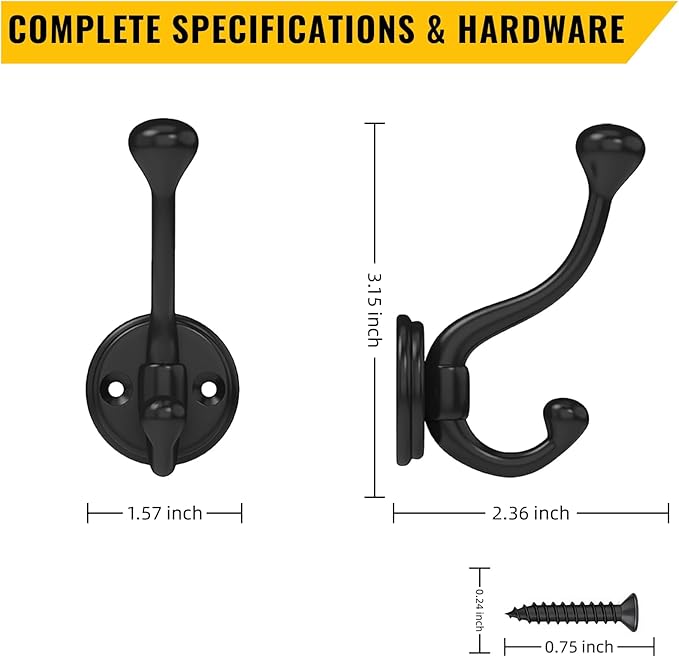 12 Pack Wall Hooks for Hanging, Heavy Duty Coat Hook Wall Mount, Easy to Install Metal Closet Hooks, Apply to Bathrooms, Bedrooms, Living Rooms, Entrances (Black)