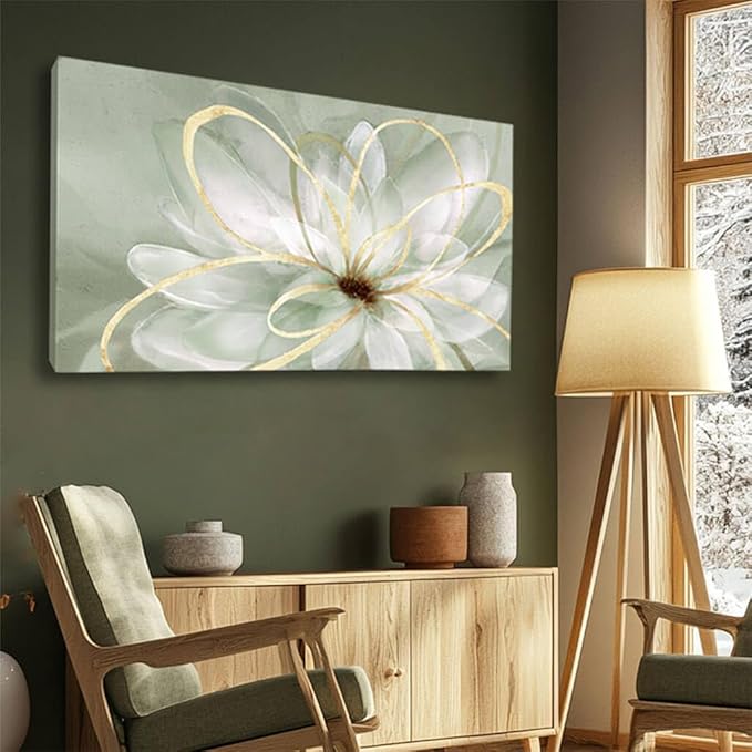Room Wall Decoration Canvas Wall Art White Flowers Picture Modern Gold Foil Painting for Bedroom Living Room Kitchen Office Hotel 24" x 48"
