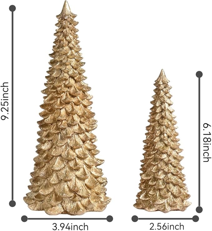 Gold Christmas Tree Figurines, 2Pcs Resin Glitter Christmas Tree for Tabletop Decoration, Small Christmas Trees Set, Decorative Xmas Trees for Christmas Mantel Indoor Home Decor