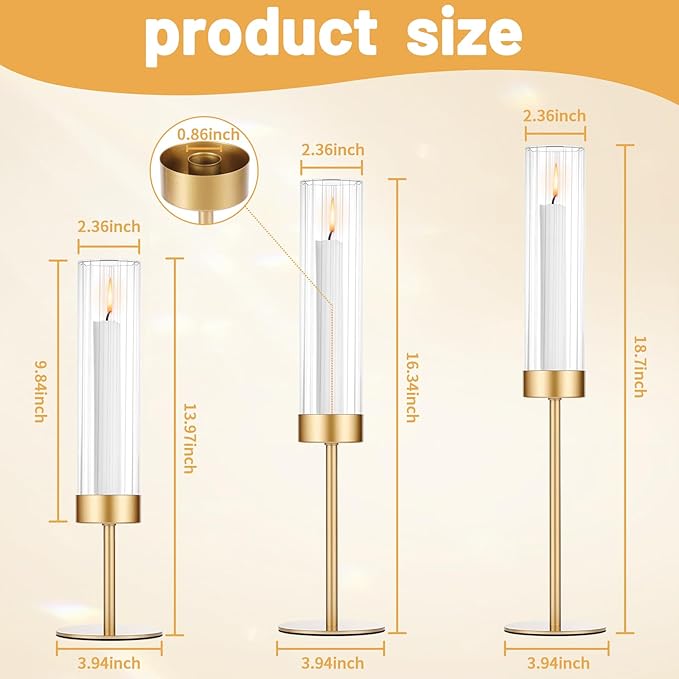 Tall Hurricane Candle Holders Set of 6, Gold Glass Taper Candlestick Holders for Wedding, Christmas, Dining Table, Party & Home Decor