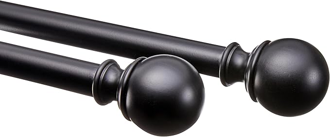 Amazon Basics Adjustable Curtain Rods for Windows, Round Finials, 1-Inch Rod, 36" to 72", Black, Pack of 2