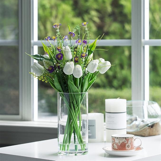 Enova Floral Set of 4 Clear Glass Cylinder Vase, 5W x 10H Inches Tall Clear Flower Vase, Pillar Candle Floating Candle Holders, Decorative Glass Vase for Wedding Centerpieces, Home Table Decor
