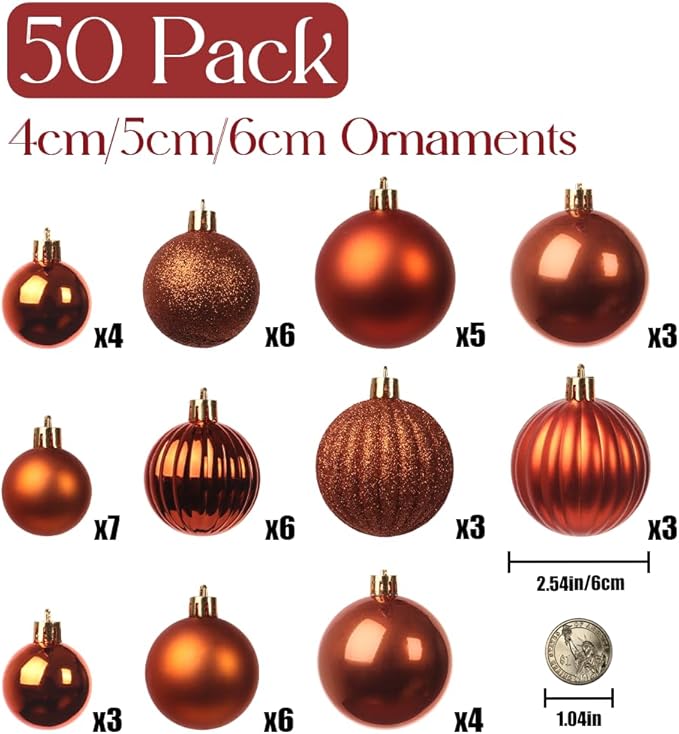 50ct Orange Christmas Ornaments Set, 2025 Shatterproof Christmas Tree Decorations, Christmas Ball Ornament, Vintage Classic Christmas Ornament Bulk for Christmas Decorations Indoor