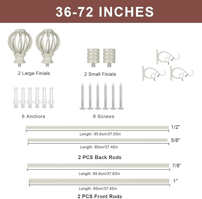 Antique White Double Curtain Rods for Window 36-72", Double Drapery Rods with Round Cage & Barrel Finials, Adjustable 1-Inch Front and 5/8 Inch Back Dual Curtain Rod