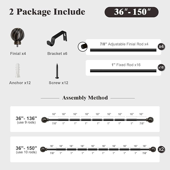 Oneach 2 Pack Black Curtain Rods for Windows 72 to 144 Inch, 7/8" Adjustable Heavy Duty Decorative Drapery Rods with Round Netted Texture Finials (36 to 150 Inch)
