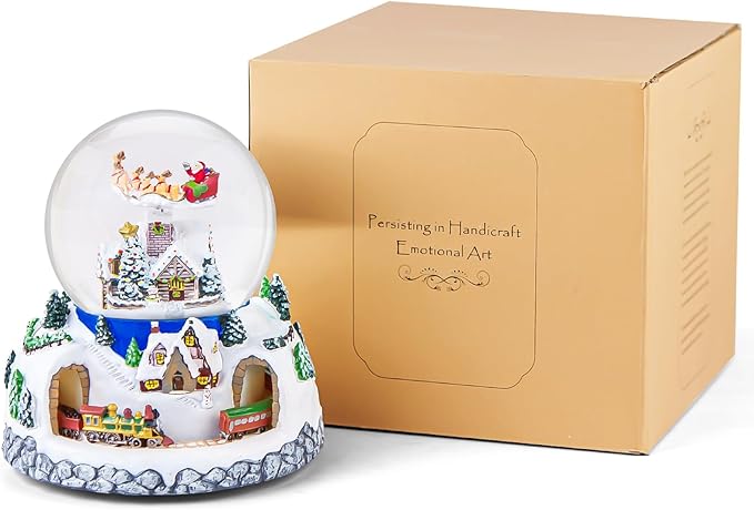 Musical Rotating Santa Claus Flying Over Village,Automatic Snowfall,Train, Christmas Snow Globe Music Box Gifts, for Women Wife Mom Girlfriend Daughter, Xmas Present,Plays 48 Classic Christmas Carols