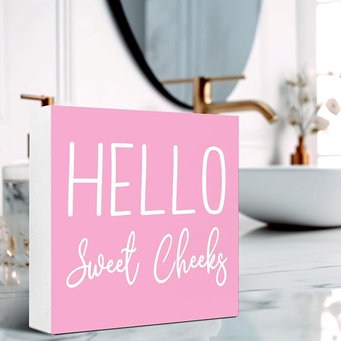 LVQHI Cute Bathroom Shelf Decor, Hello Sweet Cheeks Sign Wooden Box for Shelves Toilet Restroom Tabletop Decoration, Funny Pink Bathroom Sign Decor,5'' L x 5" H ﻿