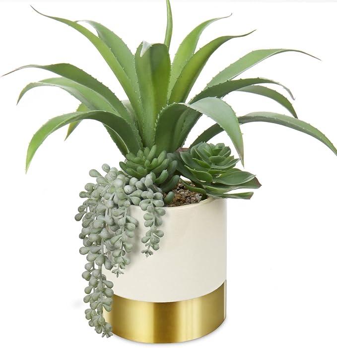 Hollyone Large Artificial Succulents Plants Faux Succulents 12" Fake Succulent Plants in Gold Ceramic Pot Succulent Plant for Desk Modern Home Living Room Office Table Bathroom Decor