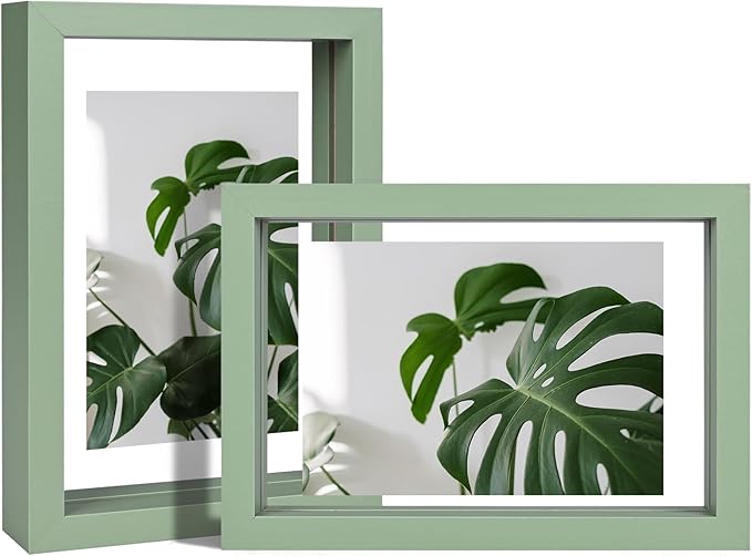 Egofine 4x6 Floating Frames Set of 2, Double Plexiglass Picture Frame, Made of Solid Wood Display Any Size Photo up to 4x6, Wall Mount or Tabletop Standing, Green