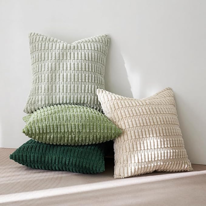 MIULEE Pack of 4 Summer Neutral Corduroy Decorative Throw Pillow Covers 20x20 Inch Farmhouse Boho Rustic Soft Striped Pillow Covers Home Decor for Sofa Living Room Couch Bed Green
