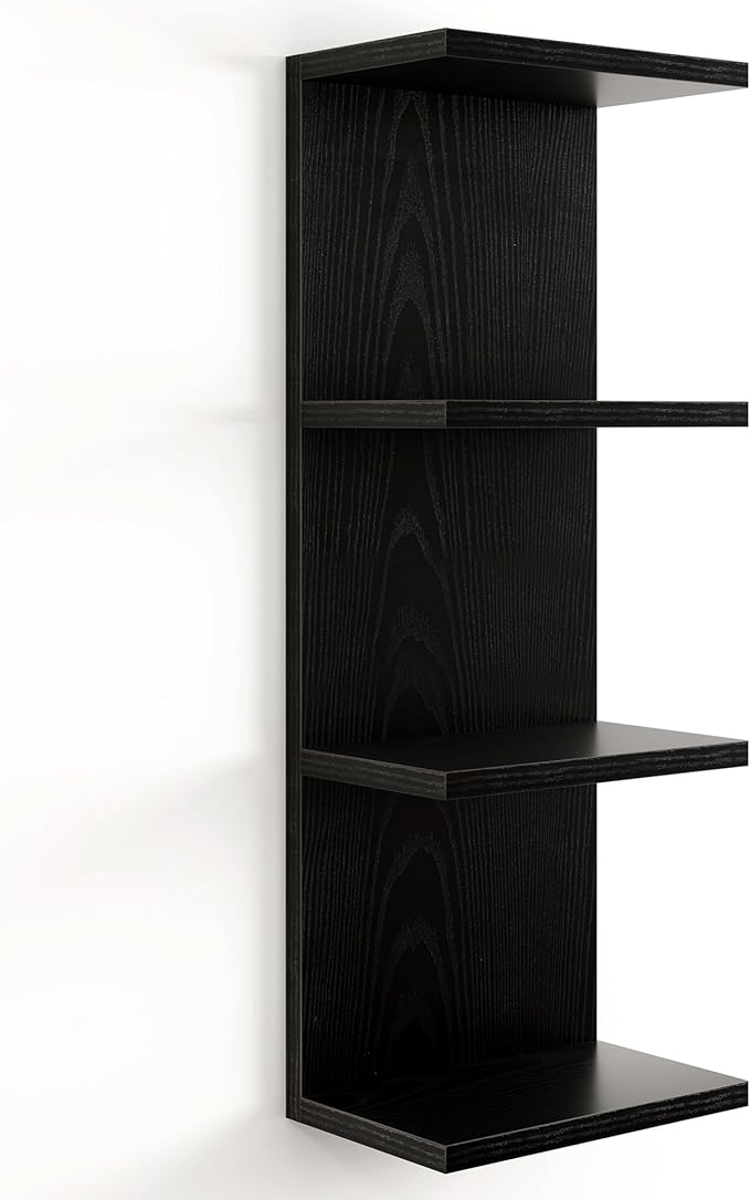 Fun Memories 4 Tier Wall Shelf Unit, Vertical Floating Shelf, Wall Mount Lack Shelving Home Decor Organizer Tall Tower Design Utility Shelving for Bedroom Living Room, Black