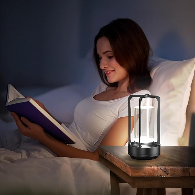 Portable Table Lamp for Outdoor Indoor: Cordless Rechargeable Desk Lamp with 3 Color Stepless Dimmable - Metal Battery Operated Lantern Light for Bedroom/Bar/Coffee Shop/Camping (Black)