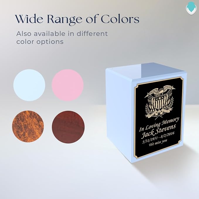 GetUrns Custom American Glory Small Urn Box for Human Ashes I Personalized Wooden Keepsake Cremation Urn for Male or Female I Light Blue Memorial Box I 40lbs
