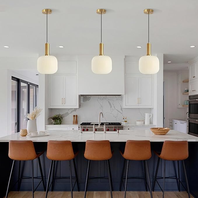 KCO Lighting Milk Glass Pendant Light White Ribbed Glass Pendant Lighting Antique Brass Pendant Lights Small White and Gold Pendant Light Fixture Modern Globe Hanging Lamp