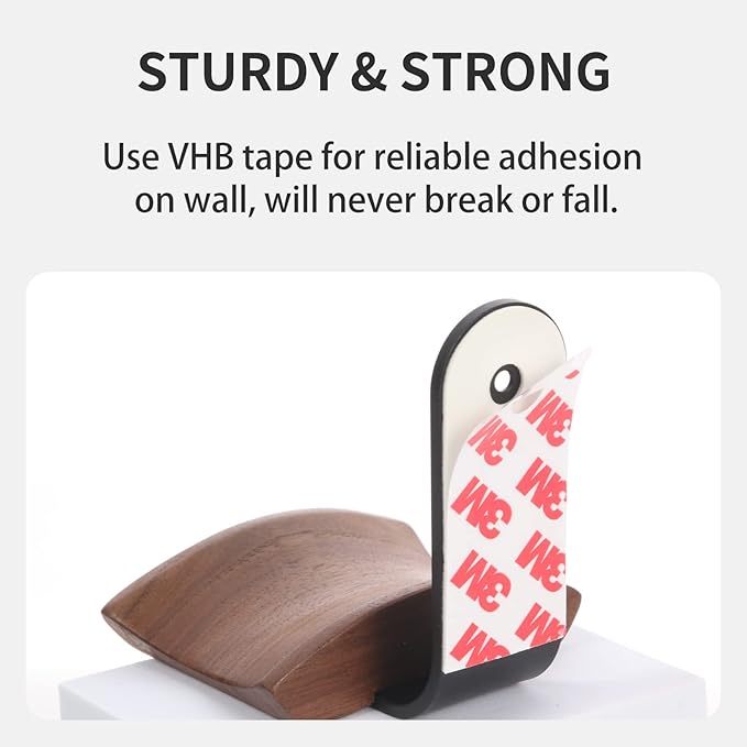 Wood Headphone Wall Mount Holder, with VHB Adhesive Tape and Screw, Holds 10 lbs (Black & Walnut Wood, 2 Pack)