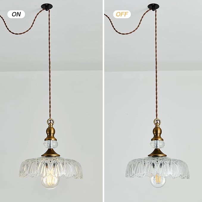 CVKASH Plug in Glass Pendant Light Fixture Brass Vintage Adjustable Chandelier Brushed Gold Hanging Ceiling Light for Farmhouse Hallway Bedroom Foyer Kitcken Dining Room Island