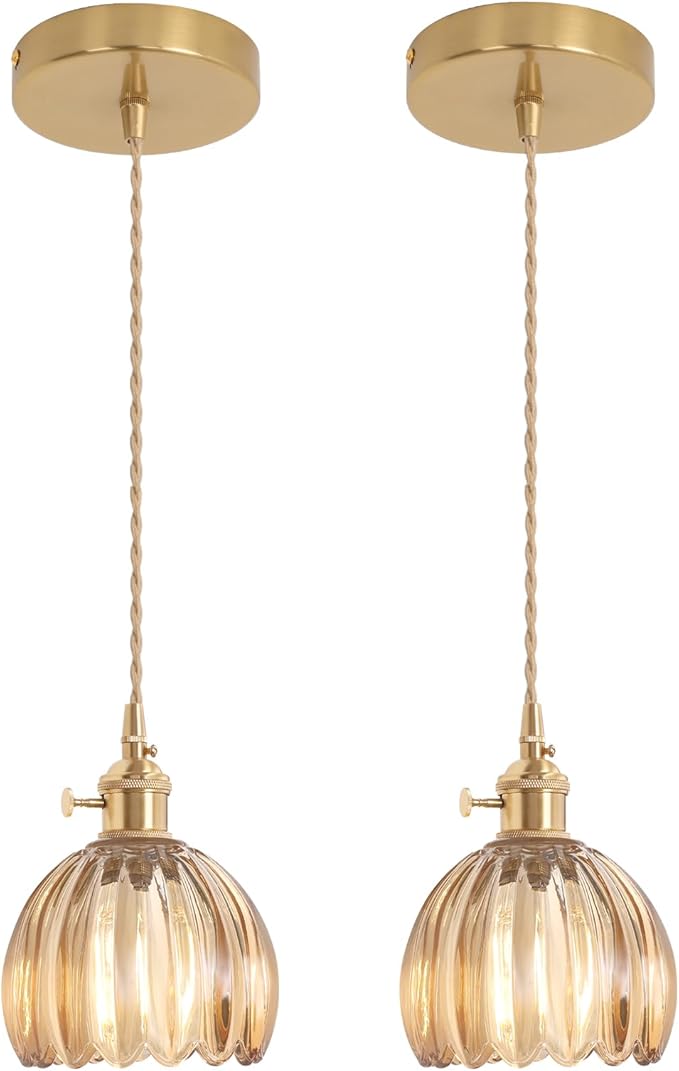 Pendant Light 2 Pack with Amber Tulip Glass Lmapshade, Brass Vintage Pendant Light Adjustable Hanging Light for Kitchen Island Dining Room Hallway