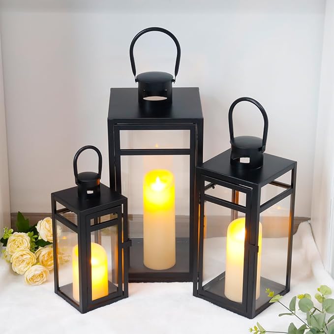 TRIROCKS Stainless Steel Lantern Set of 3 - Assorted Sizes (12/15/19 Inch) - Tall Metal Hanging Lanterns with Clear Glass Panels, Indoor & Outdoor Home Decor for Parties & Events - Black Finish