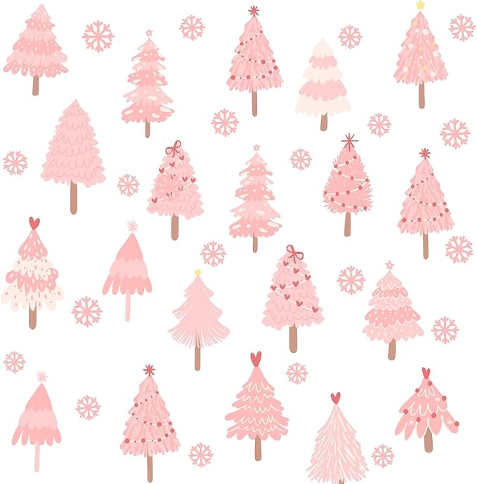 Pink Christmas Tree Wall Decals Merry Christmas Wall Stickers Peel and Stick Xmas Snowflake Sticker for Crafts Decoration Home Indoor Pink Pine Tree Decal for Kids Bedroom Winter Holiday Party Decor