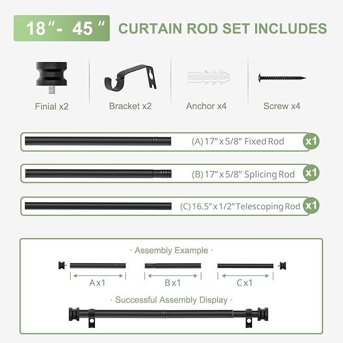Sturdy Durable Curtain Rod:Black Curtain Rods for Windows 18-45 Inch,Adjustable Heavy Duty Curtains Rod for Bedroom/Kitchen/Dorm/Apartment/Door,Small Modern Decorative Drapery Rods (All-Metal)