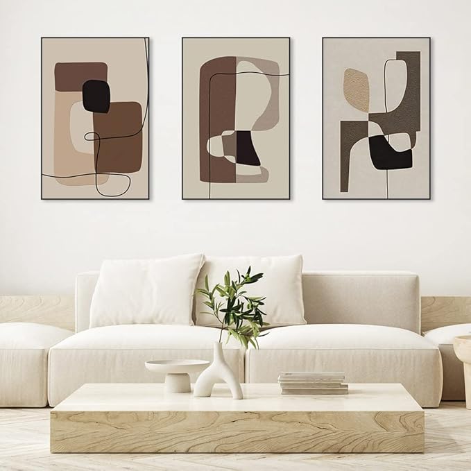 FCHUI Modern Aesthetic Decor 24" x 32" Framed Wall Art,Neutral Black, White And Gray Abstract Lines Color Block Canvas Posters & Prints, Home Wall Decor Natural Living Room Bedroom Bathroom