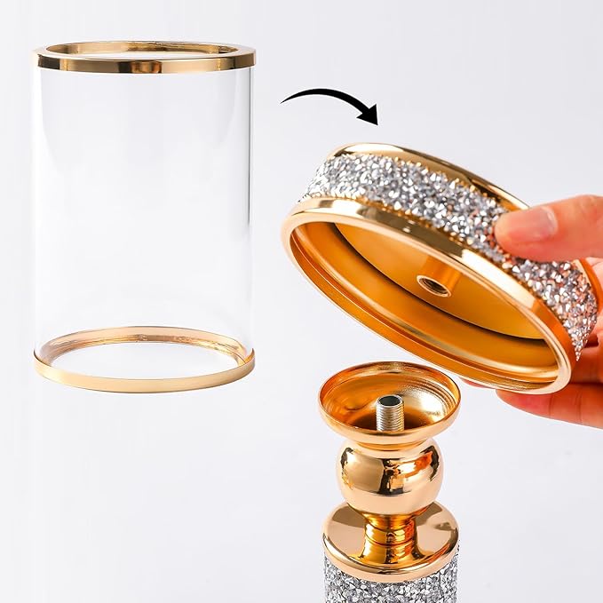 Pillar Candle Holder with Glass Wind Proof, Metal Hurricane Holders, Gold Crystal Candle Stand for Table Centerpieces, Home Decor, Wedding, Dining Table (M, 1PC, for Pillar Candles up to 3"x5")