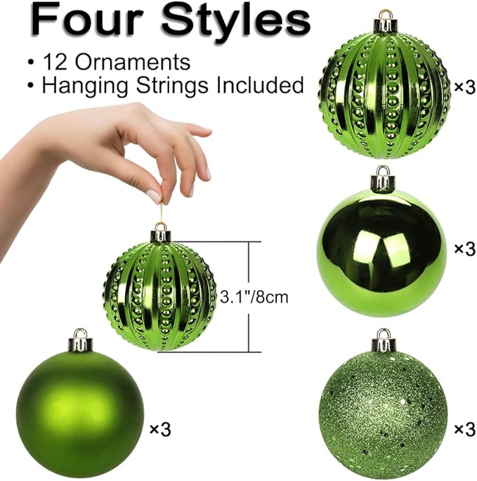 3.15" Green Christmas Balls Ornaments 12 Pcs Shatterproof Christmas Ornaments Set Big Green Ornament for Xmas Tree Halloween Holiday Party