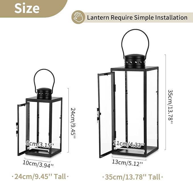 NUPTIO Lanterns Decorative Indoor Black: 9.5 & 13.8 inch Tall Wedding Hurricane Lantern with Glass Panel Set of 2 Modern Iron Candle Holders for Christmas Thanksgiving Front Porch Fireplace Decor