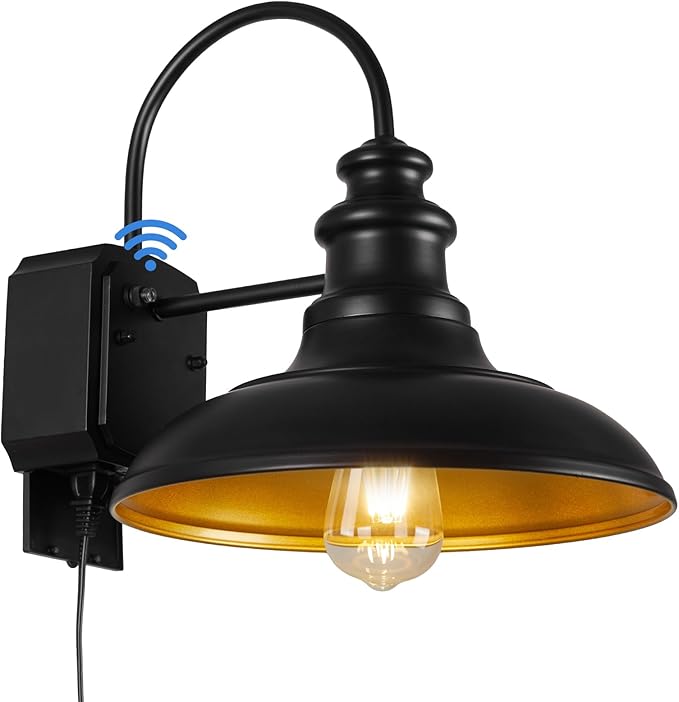 Dusk to Dawn Sensor Outdoor Barn Light with GFCI Outlet, Farmhouse Outdoor Wall Sconce, Rustic Exterior Lighting Fixture, Industrial Wall Lantern for Porch Garage Patio, STRZ034-W BK