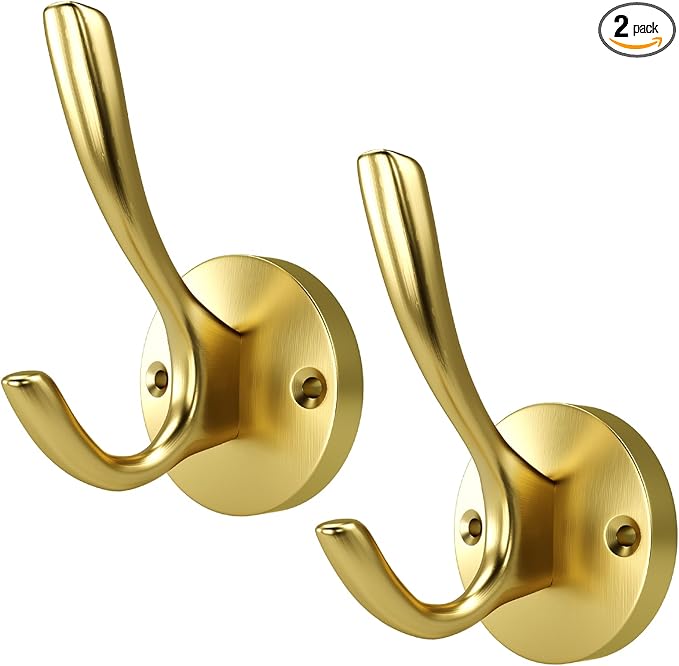 ZUONAI Gold Bathroom Towel Hooks Gold Coat Hooks 2 Pack Heavy Duty Brushed Towel Hooks Screws Solid Brass Wall Hooks for Hanging Coats, Hats, Jacket, Clothing and Keys in Bedroom Bathroom