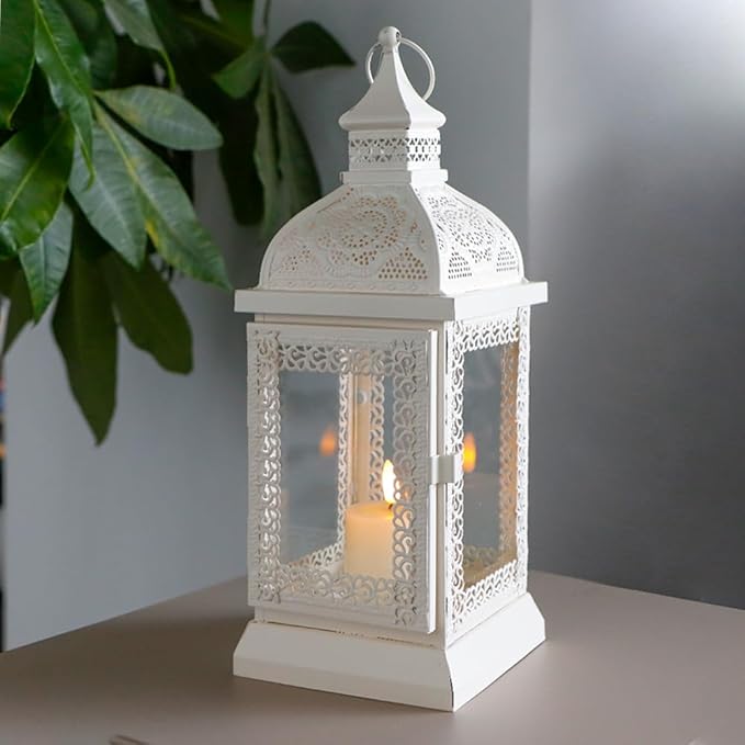 TRIROCKS Rustic Style Metal Candle Lantern 13'' High Decorative Outdoor Lantern Candle Holder with Tempered Glass for Home Living Room Garden Patio Parties Indoors Outdoors (Cream)