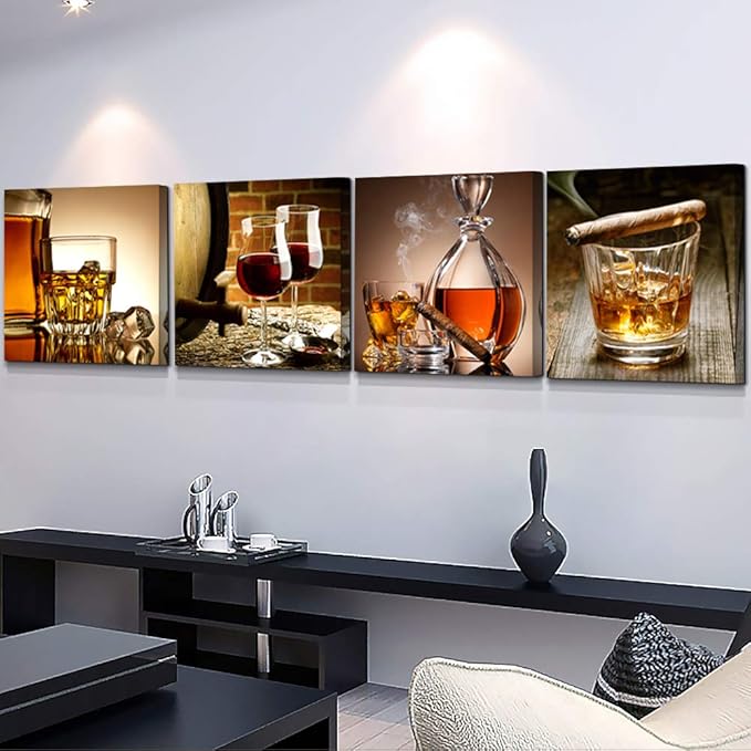 Canvas wall Art For Kitchen Dining Room Wall Decor Still Life Wine Glass Wall Paintings Ready To Hang For Home Decor Pub Restaurant Mural Framed Pictures Posters Prints Artwork 16" X 16"4 Piece