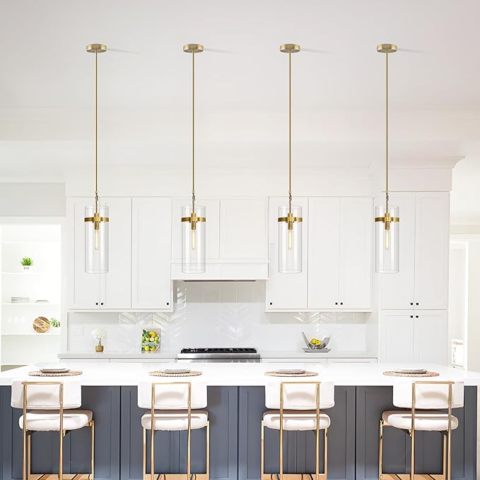 Modern Brass Large Glass Kitchen Island Pendant Light, 6'' Brass Clear Adjustable Island Pendant Lights,1 Light Indoor Pendant Light, for Kitchen Dining Bathroom