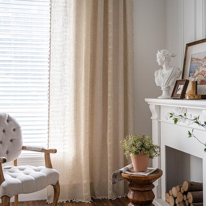 OYX Boho Curtains 96 Inch Length 2 Panels for Living Room, Bedroom Light Filtering Drapes, Farmhouse Vintage Country French Rustic Tassels Pattern Rod Pocket Aesthetic Decor Window Treatments