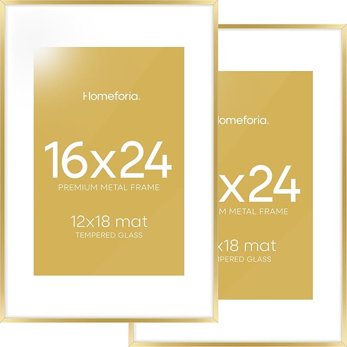 Homeforia 16 x 24 Picture Frame Gold, High End Metal 16x24 Poster Frames with Mat 12x18 Photo, 16 x 24 Gold Frame Matted to 12 by 18 Print, 24x16 Thin Hanging Frame, Tempered Glass, Wall Kit, Set of 2