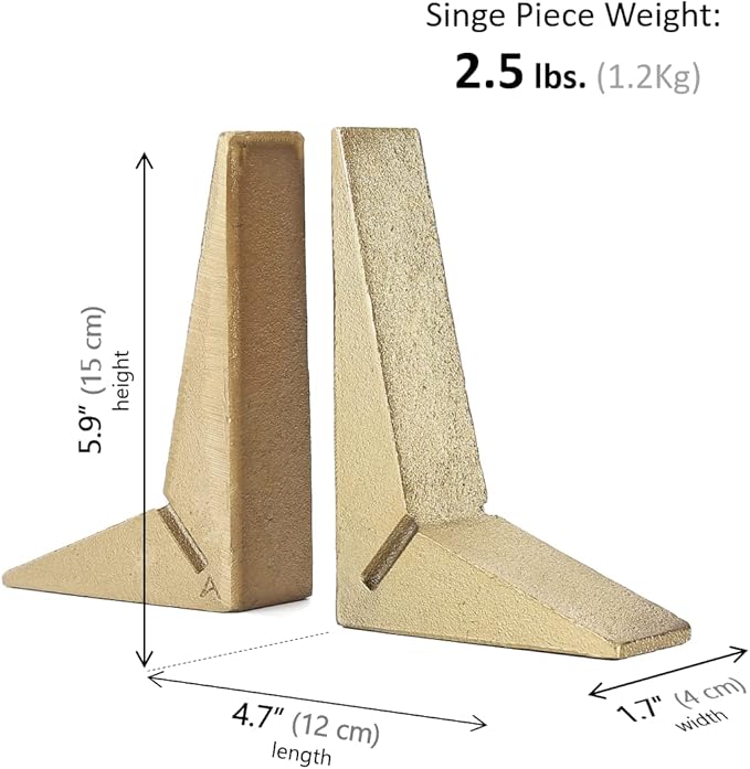 Cast Iron Geometric Decorative Bookends, Sharp Triangle Theme, Heavy Duty, Set of 2 Gold