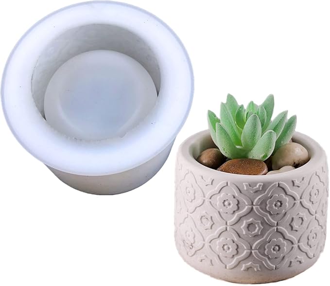 Round Concrete Flower Pot Silicone Mold Vintage Pattern Plaster Succulent Planter Vase Mold Candle Pen Holder Epoxy Resin Cement Clay Mould