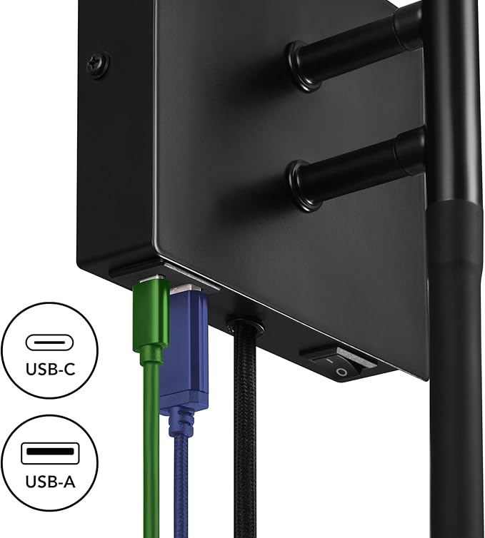 GLOBE Electric 1-Light Plug-in or Hardwired Wall Sconce with LED Integrated Reading Light, USB-A Port, USB-C Port, Matte Black, White Fabric Shade, On-Off Pull Chain and Rocker Switch