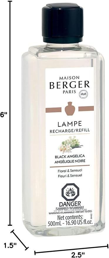 MAISON BERGER Black Angelica Lampe Berger Refill, 500 ml (16.9 fl oz), Odor-Neutralizing Home Fragrance Oil Lamps, Bergamot, Black Angelica, Orris, Tuberose, Vanilla, Made in France