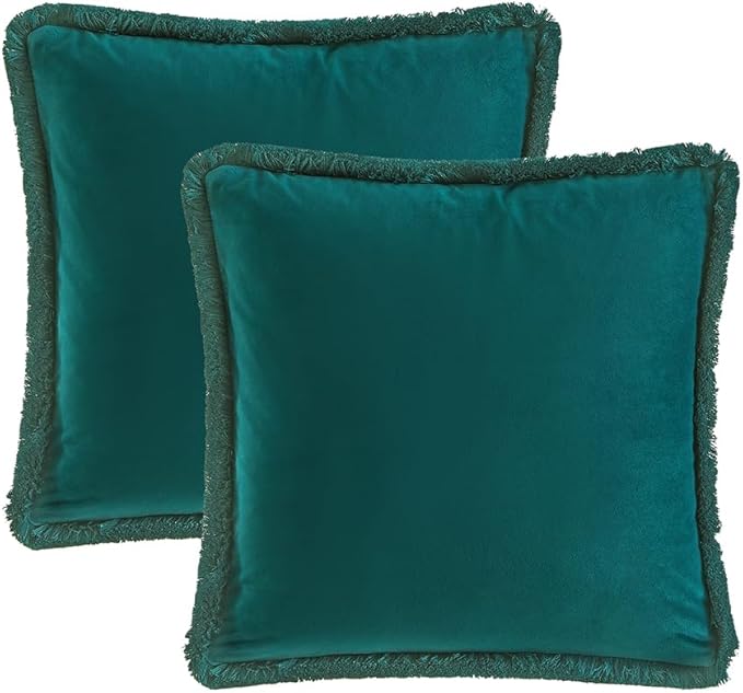 JUSPURBET Peacock Blue Velvet Throw Pillow Covers 24x24 Inch Set of 2 with Soft Tassel Fringe Luxury Boho Pillowcase for Sofa Couch Bed Home Decor Machine Washable