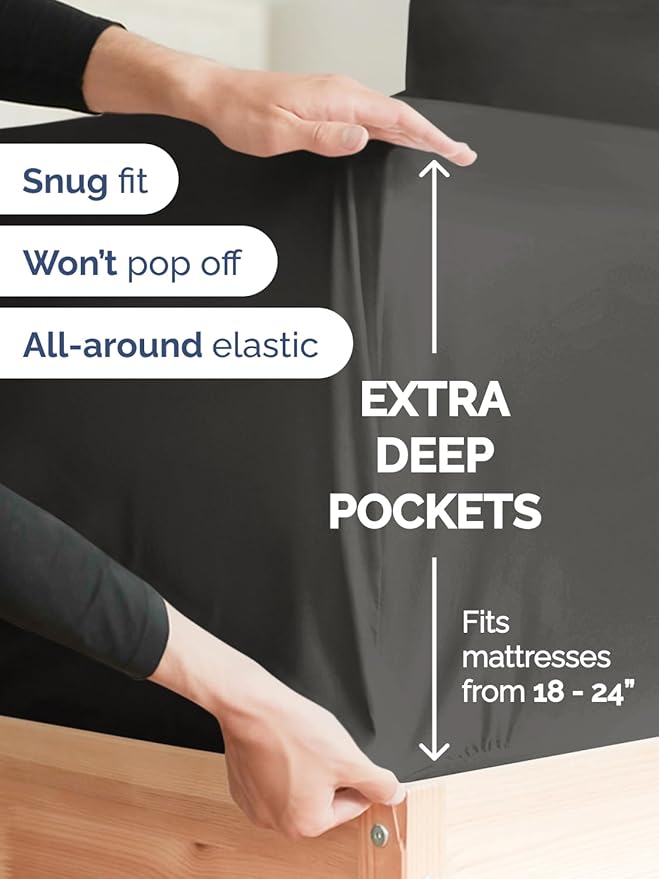 Extra Deep Split King Sheet Set - 7 Piece Breathable and Cooling Sheets - Hotel Luxury Bed Sheets Set - Easy Fit - Soft, Wrinkle Free and Comfy Sheets Set - Charcoal Sheet Set with Extra Deep Pockets