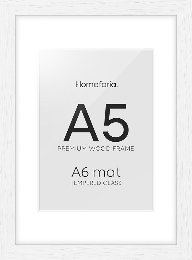 Homeforia A5 Picture Frame White Wood, High-End Oak 5.8x8.3 Frame Matted to 4.1x5.8 inch Photo, A5 Size Walnut Wooden Frames with Mat A6 for Print, 5.8 by 8.3 Frame, Tempered Glass, Wall Kit, Set of 1