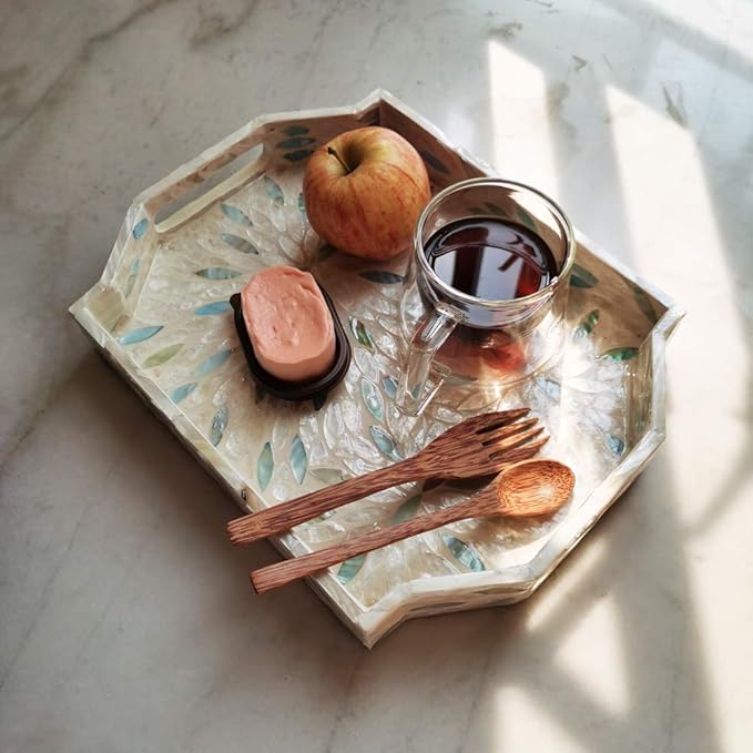 13 Inch Large Dodecagon Beige Green Mother of Pearl Severing Tray with Handle, Gorgeous Inlay Nacre Ottoman Tray with 2”Side, Lacquer Wooden Shell Decorative Tray for Coffee Table Home Decor, S, I-lan