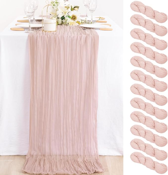 MLMC 12 Pack Dusty Pink Cheesecloth Valentines Table Runner 10ft Rustic Gauze Cheese Cloth Table Runner Bulk 35x120 Inches for Romantic Wedding Bridal Baby Shower Anniversary Party Decor