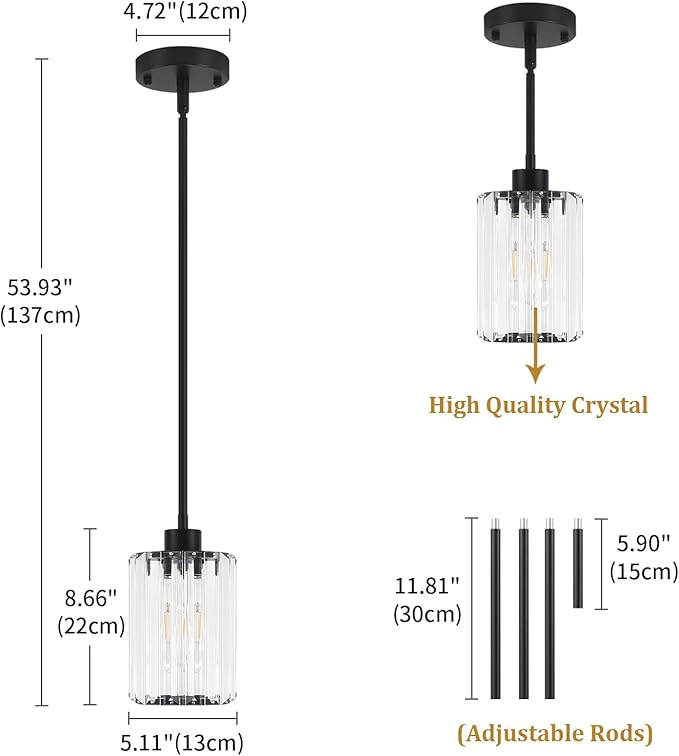 Black Pendant Light, Modern Crystal Pendant Lights Kitchen Island Lighting, Hanging Light Fixtures Mini Chandelier Pendant Lights for Island Dining Room Hallway Bedroom